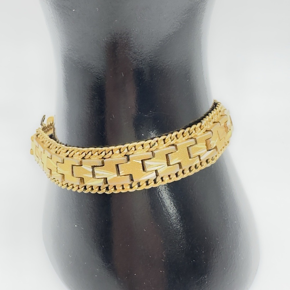 Vintage Gold Plated Bracelet Chunky Etched Geometric Panel Links 1980s Size 6.75